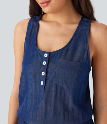 Drawstring Tapered Denim Like Casual Jumpsuit with Pockets