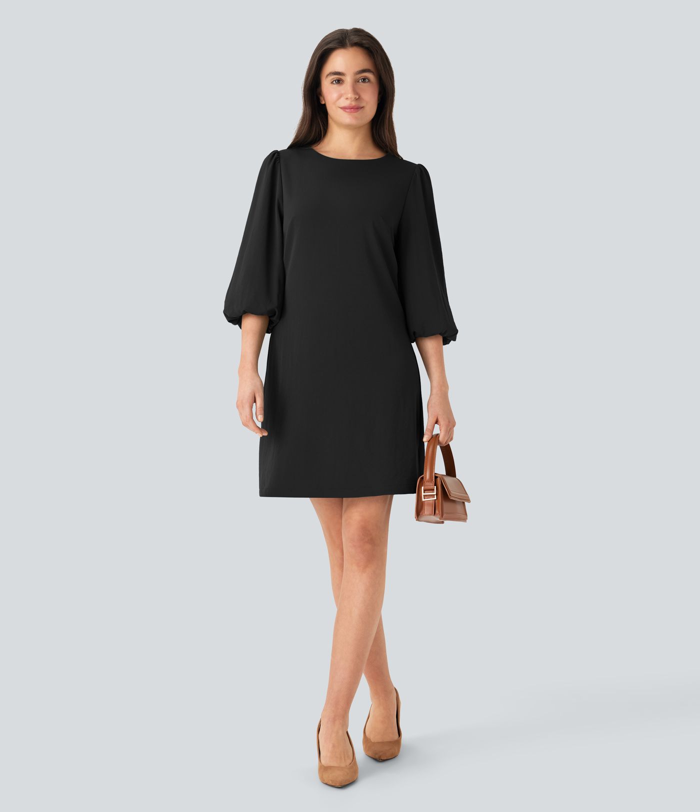 Round Neck Puff Sleeve Mini Work Linen-Feel Dress