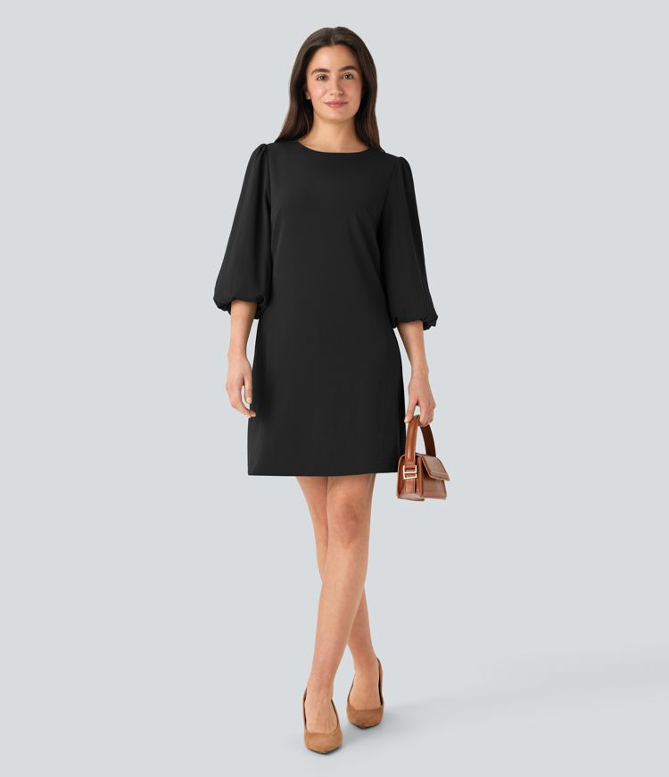 Robe de travail mini aspect lin col rond avec manches bouffantes