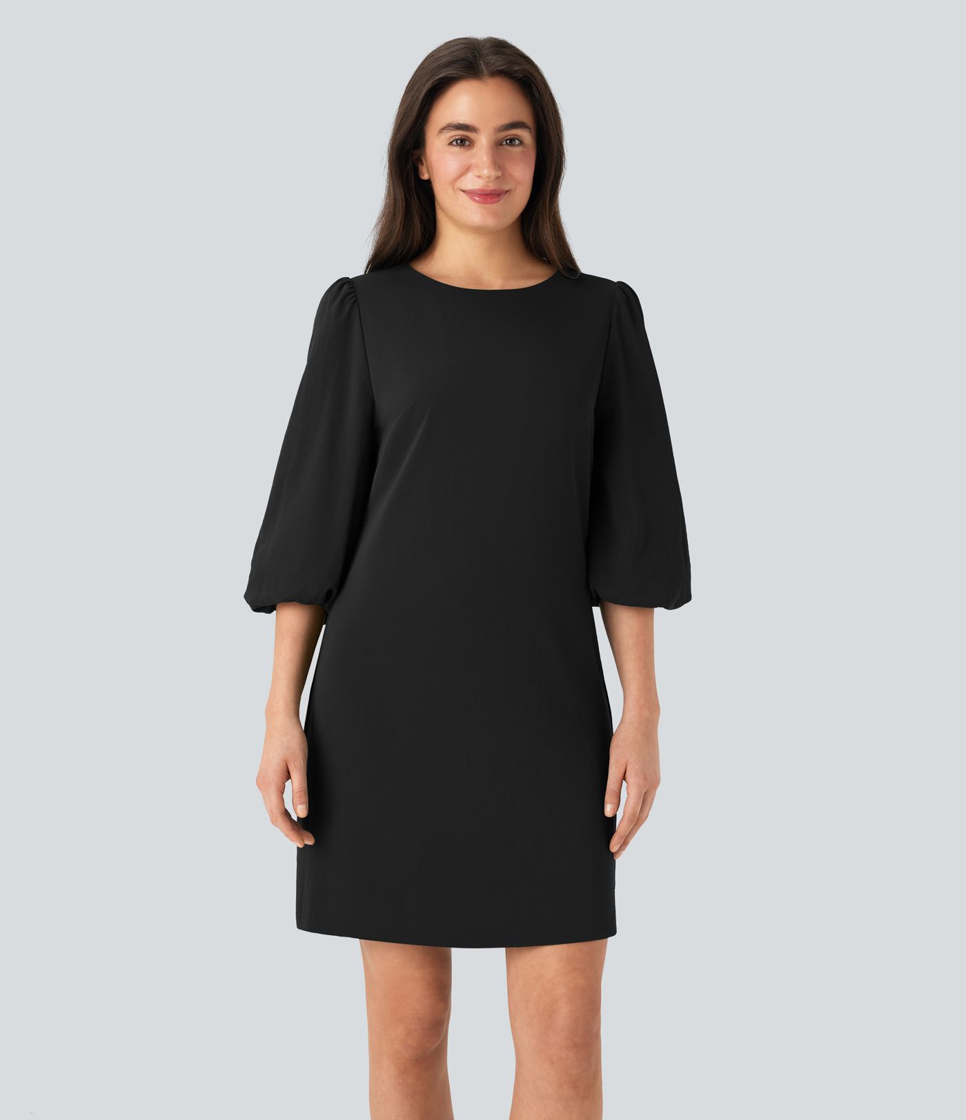 Round Neck Puff Sleeve Mini Work Linen-Feel Dress