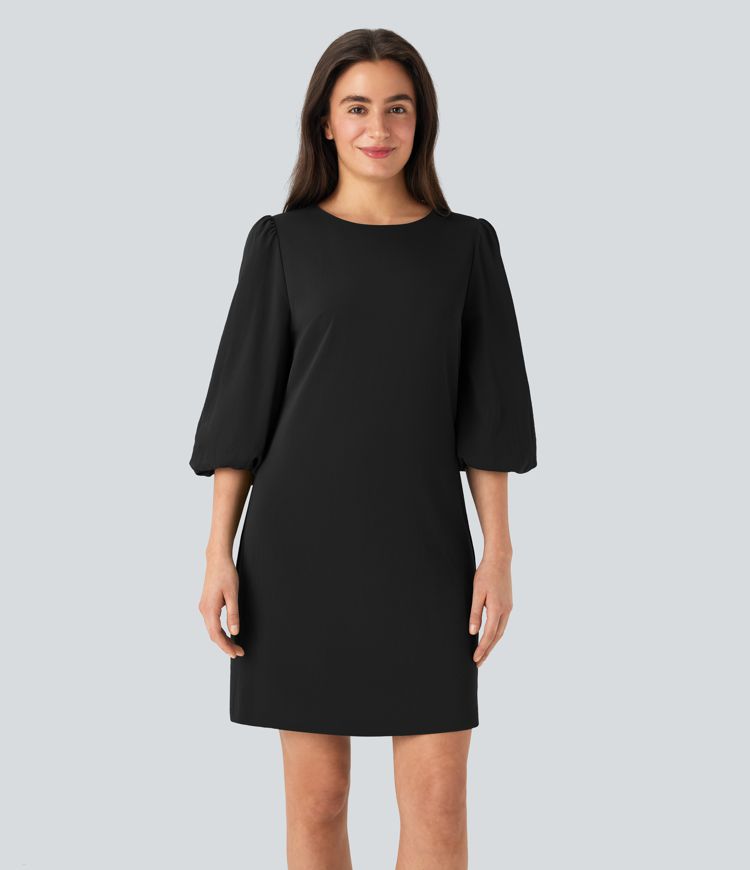 Robe de travail mini aspect lin col rond avec manches bouffantes