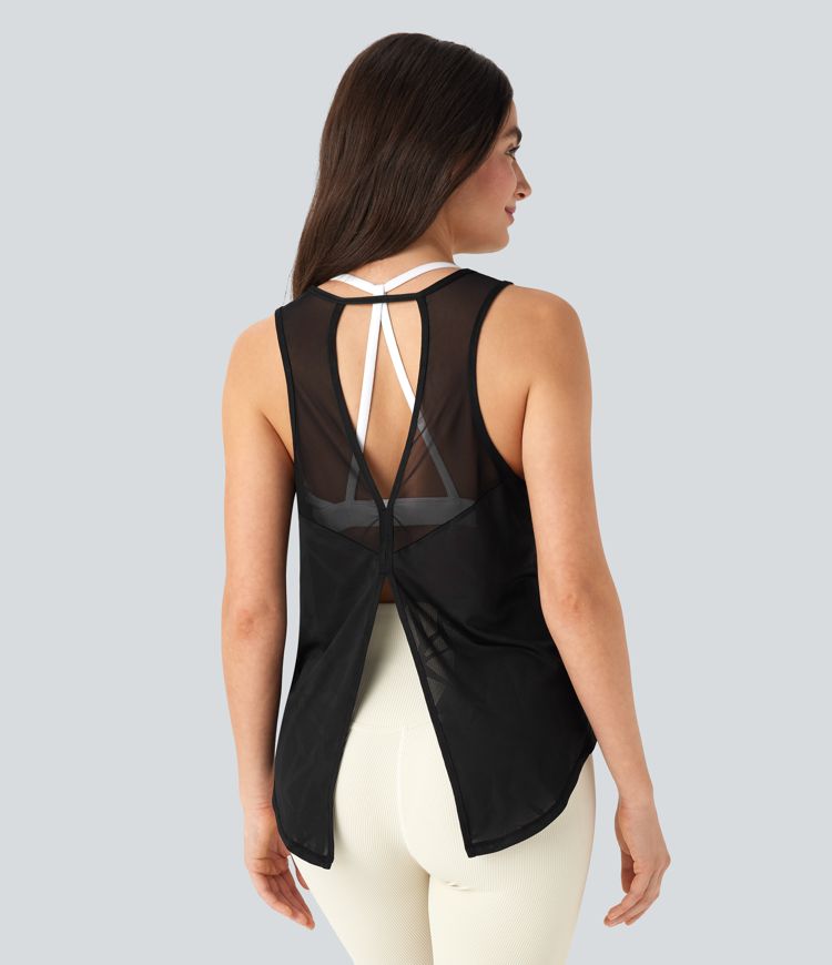 Tie Back Hem Contrast Mesh Yoga Tank Top