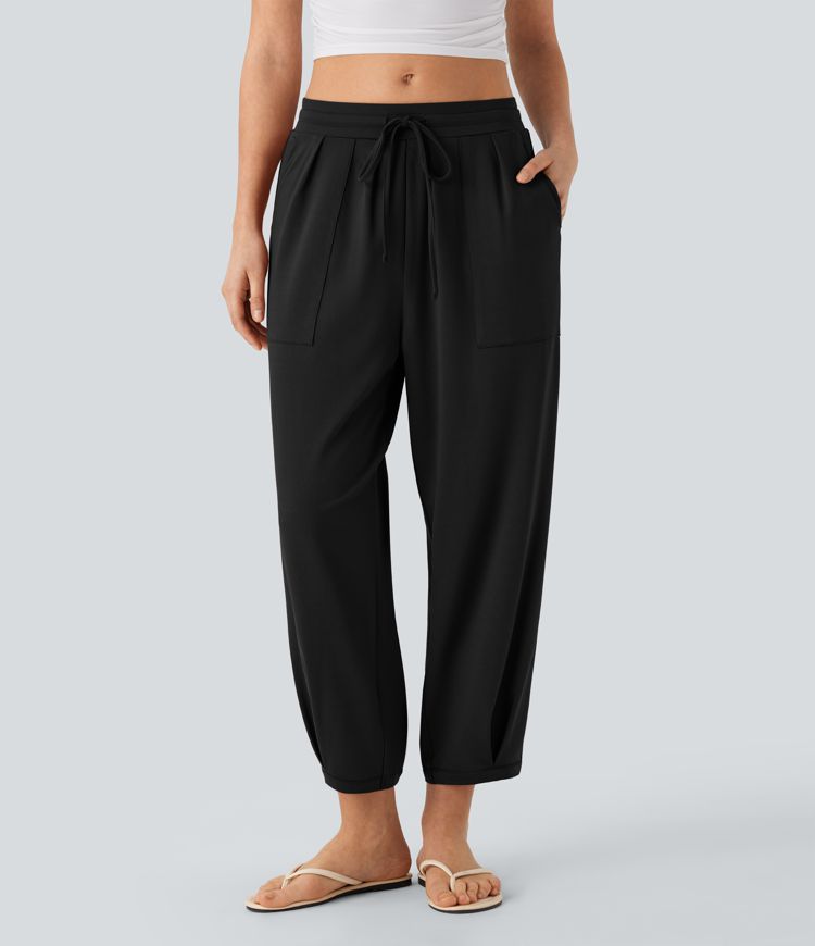 Mid Rise Drawstring Casual Tapered Trousers with Pockets Mid Rise Drawstring Casual Tapered Trousers with Pockets
