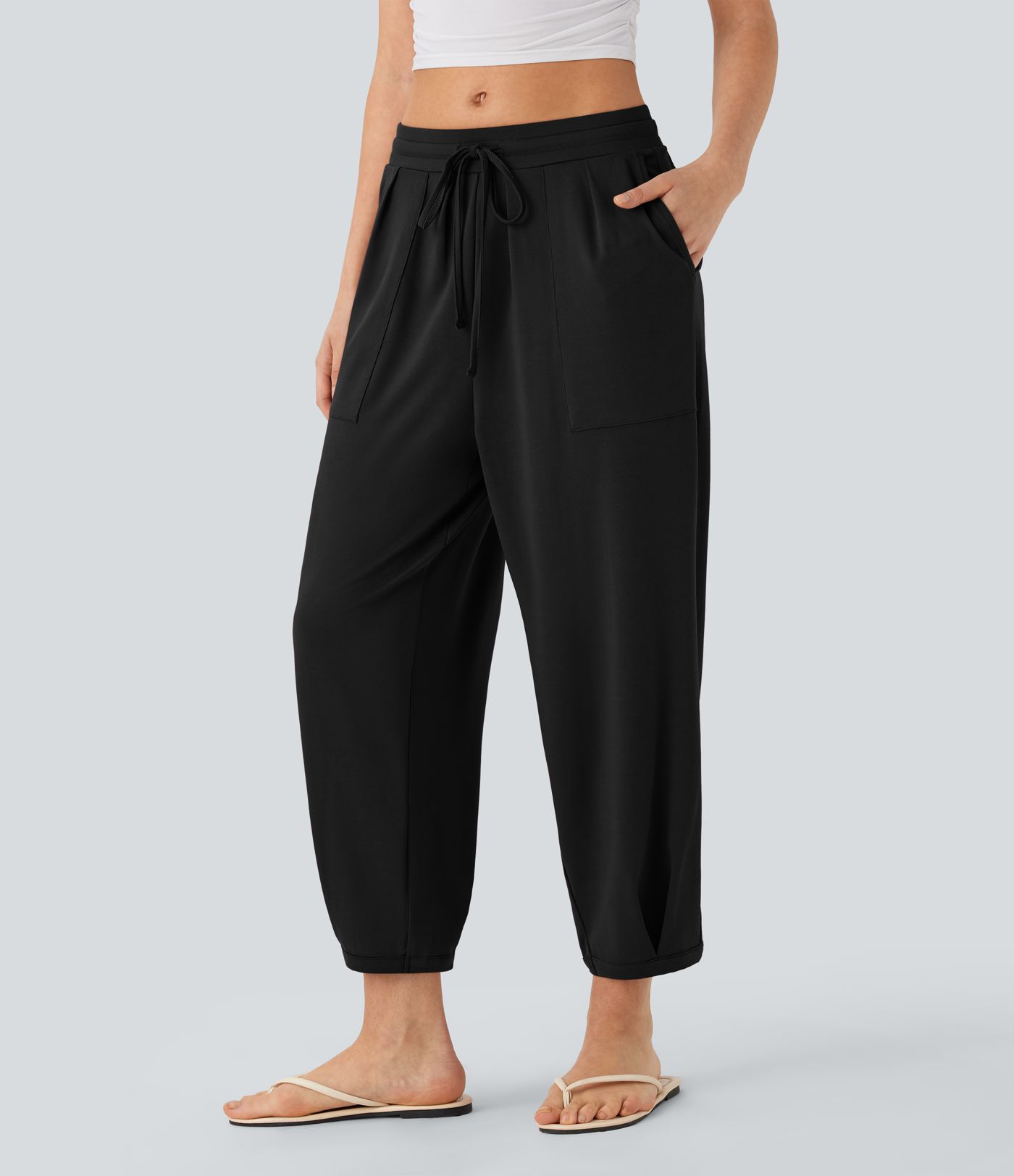 Mid Rise Drawstring Casual Tapered Trousers with Pockets Mid Rise Drawstring Casual Tapered Trousers with Pockets