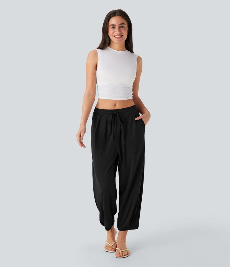 Mid Rise Drawstring Casual Tapered Trousers with Pockets Mid Rise Drawstring Casual Tapered Trousers with Pockets