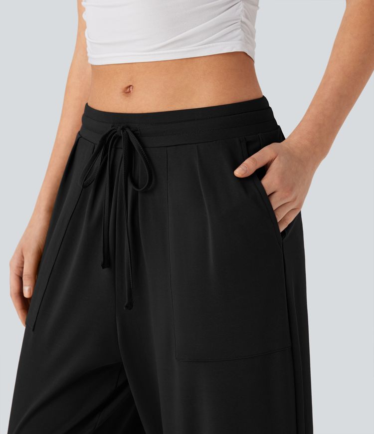 Mid Rise Drawstring Casual Tapered Trousers with Pockets Mid Rise Drawstring Casual Tapered Trousers with Pockets