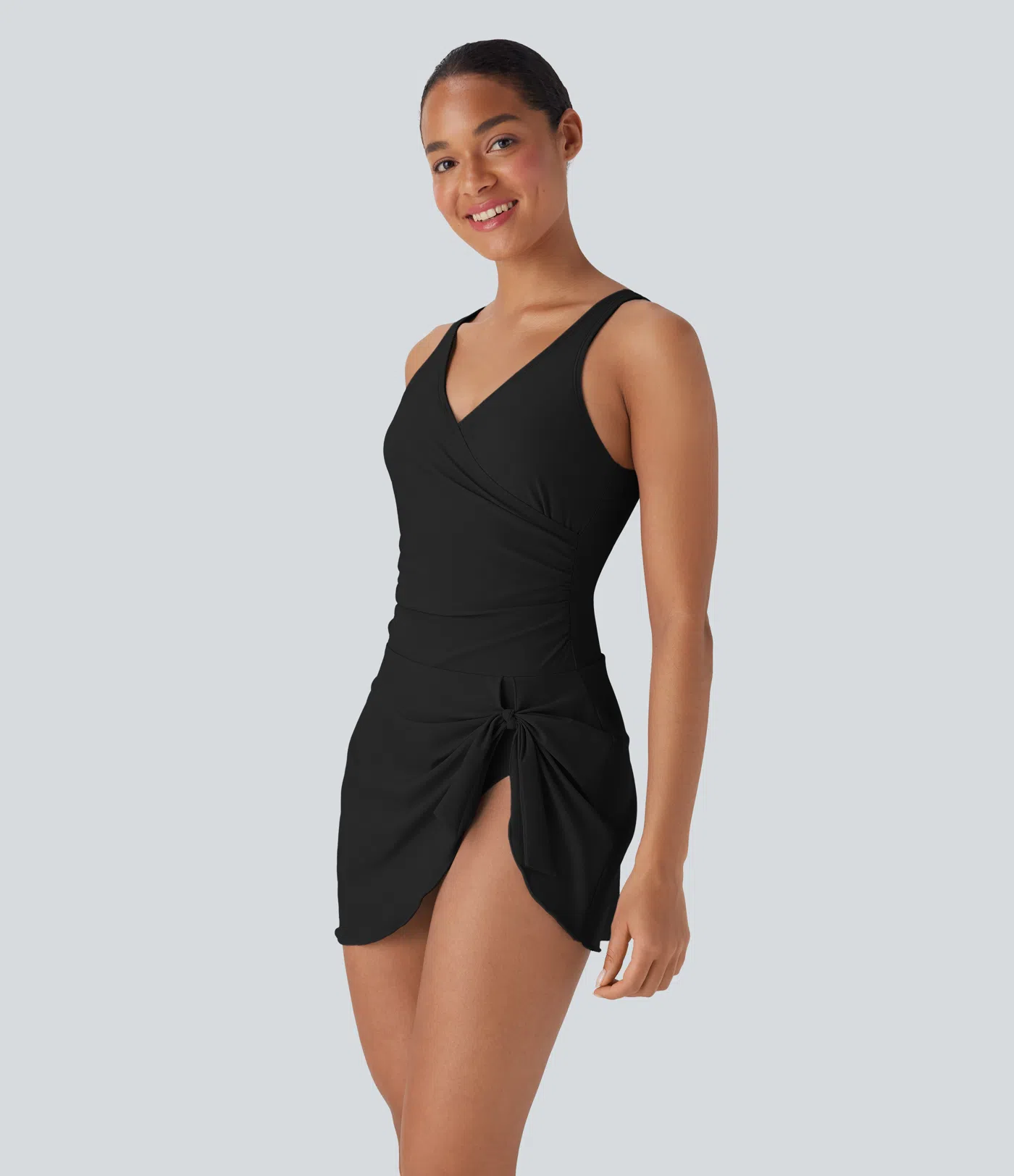 Crossover V Neck Backless Ruched Asymmetric Tie Hem 2-in-1 Tummy Control One Piece Swimsuit