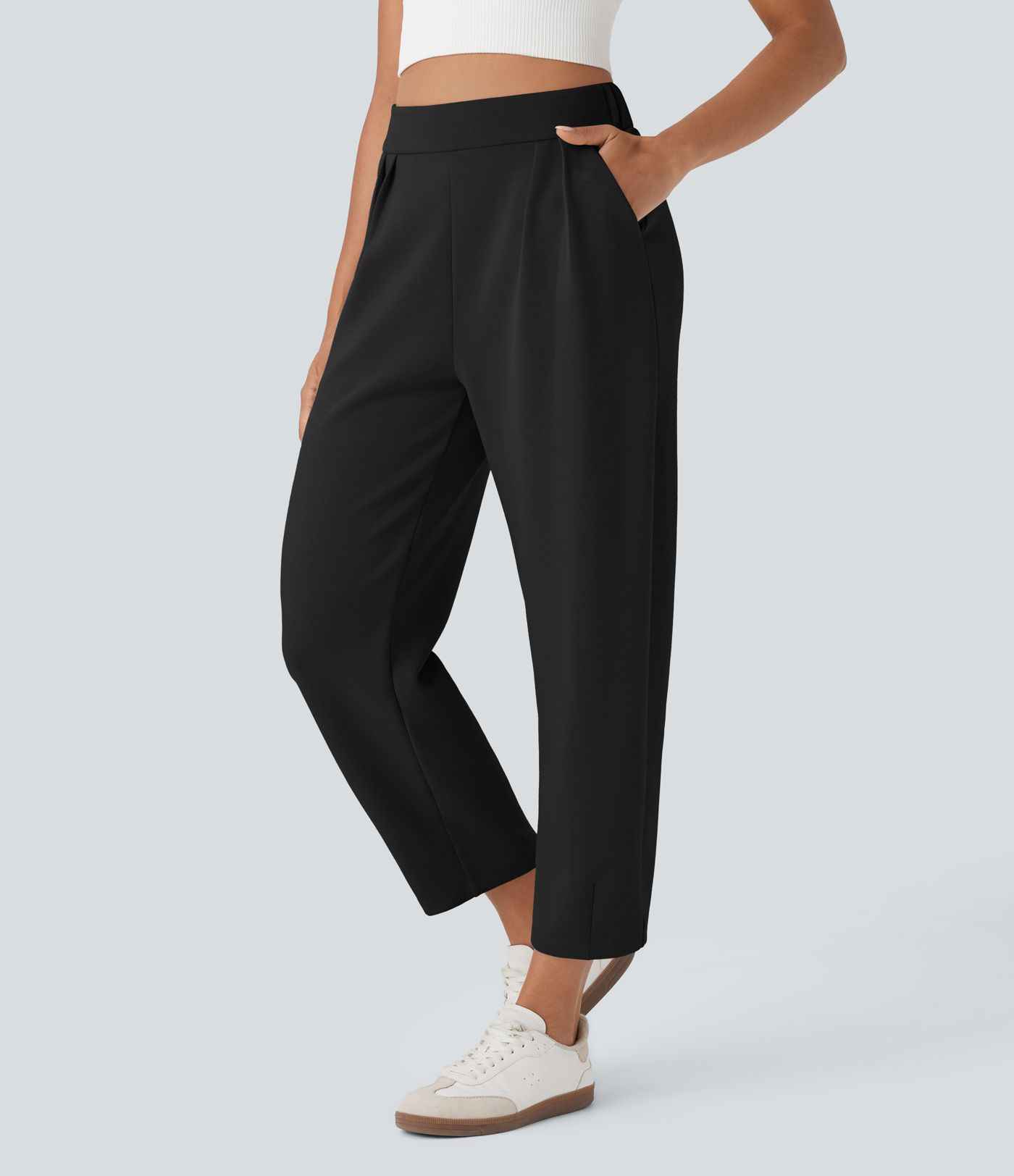 High Waisted Barrel Leg Casual Trousers with Pockets