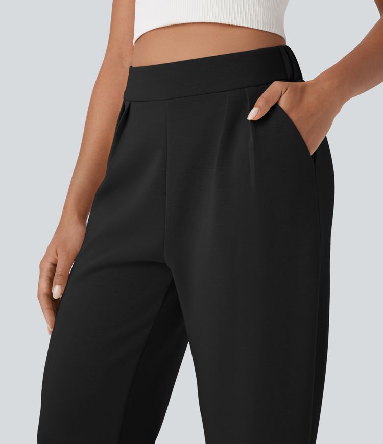 High Waisted Barrel Leg Casual Trousers with Pockets