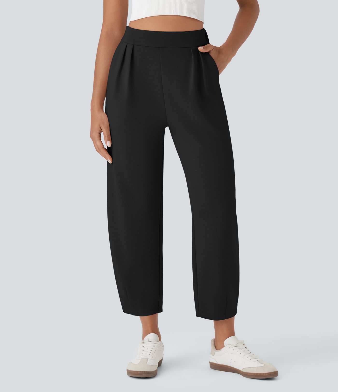 High Waisted Barrel Leg Casual Trousers with Pockets