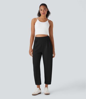 High Waisted Barrel Leg Casual Trousers with Pockets
