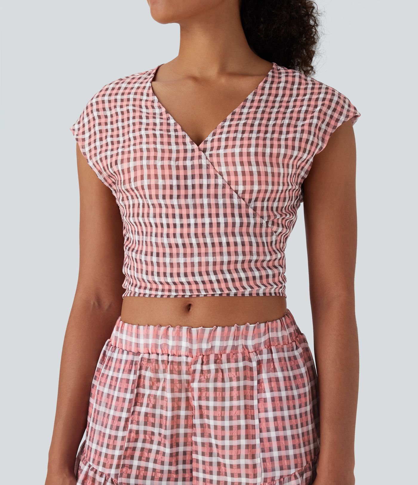 V Neck Cap Sleeve Wrapped Tie Back Plaid Cropped Casual Top