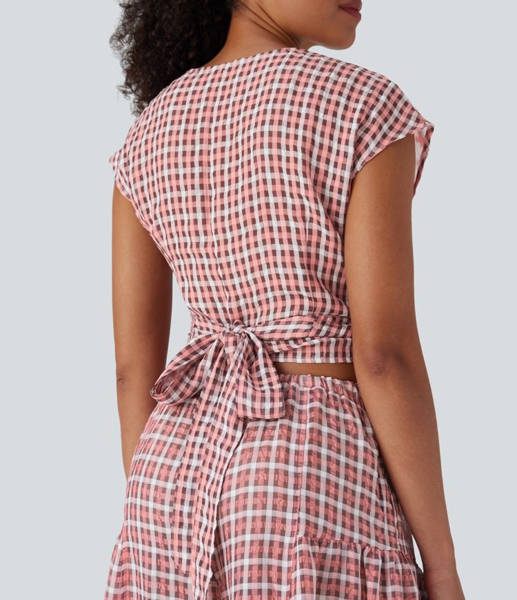 V Neck Cap Sleeve Wrapped Tie Back Plaid Cropped Casual Top