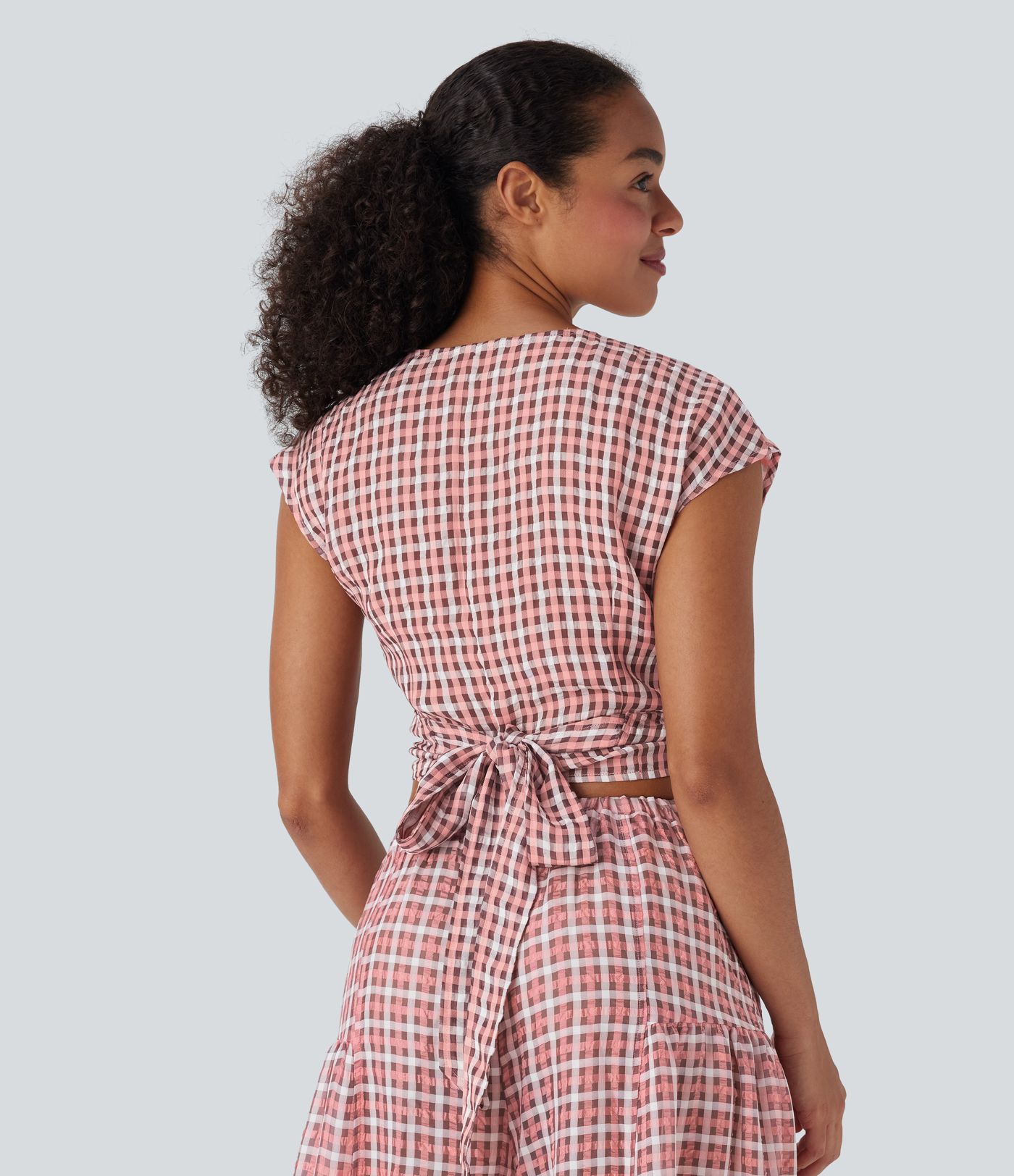 V Neck Cap Sleeve Wrapped Tie Back Plaid Cropped Casual Top