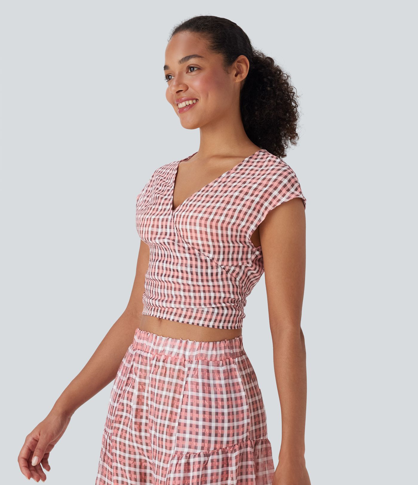 V Neck Cap Sleeve Wrapped Tie Back Plaid Cropped Casual Top