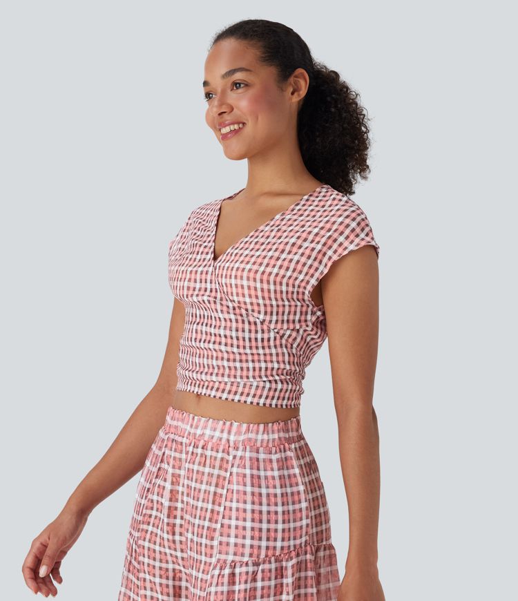V Neck Cap Sleeve Wrapped Tie Back Plaid Cropped Casual Top