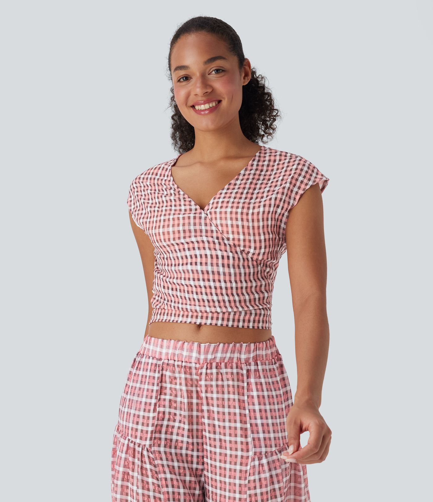 V Neck Cap Sleeve Wrapped Tie Back Plaid Cropped Casual Top