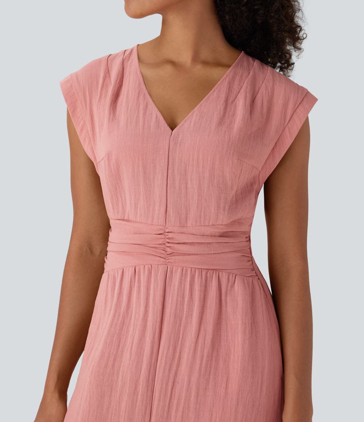 Deep V Neck Cap Sleeve Ruched Maxi Linen-Feel Dress with Pockets
