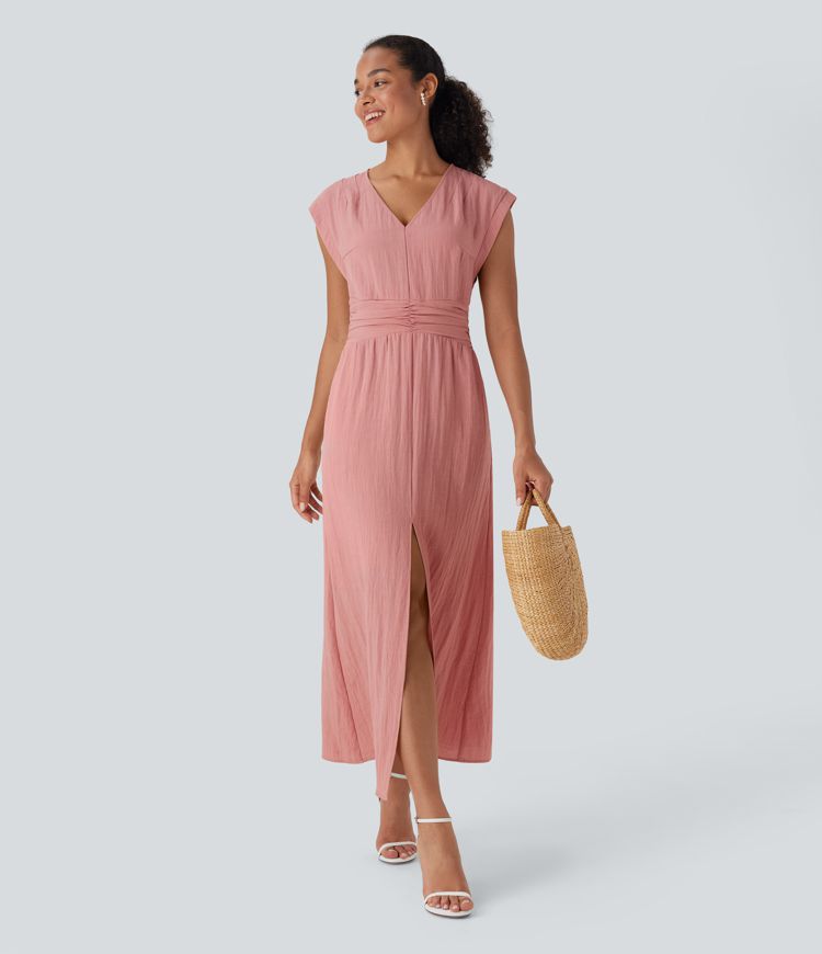 Deep V Neck Cap Sleeve Ruched Maxi Linen-Feel Dress with Pockets
