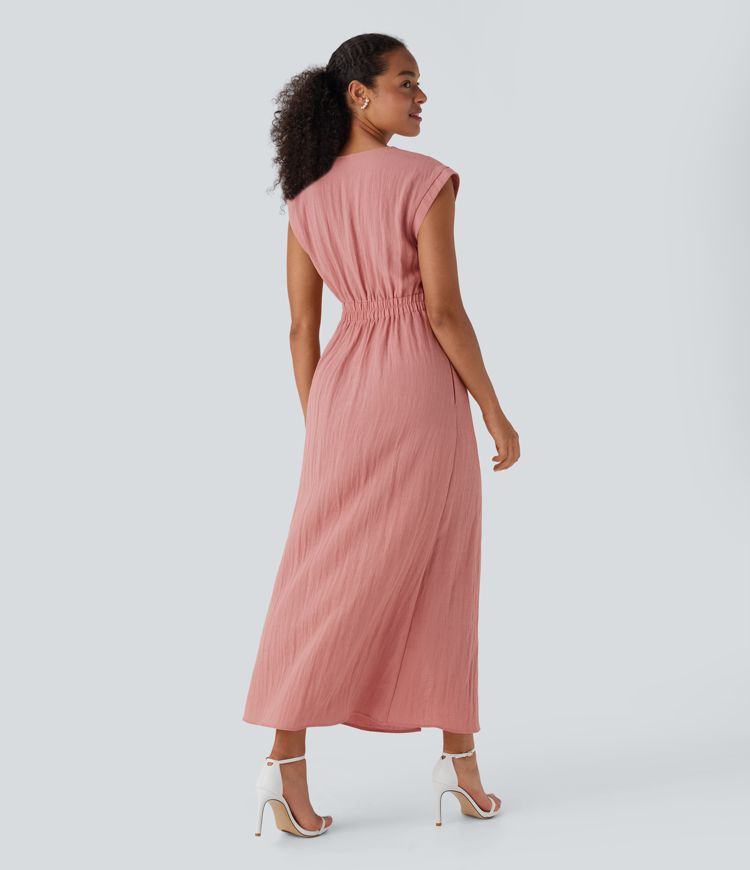 Deep V Neck Cap Sleeve Ruched Maxi Linen-Feel Dress with Pockets
