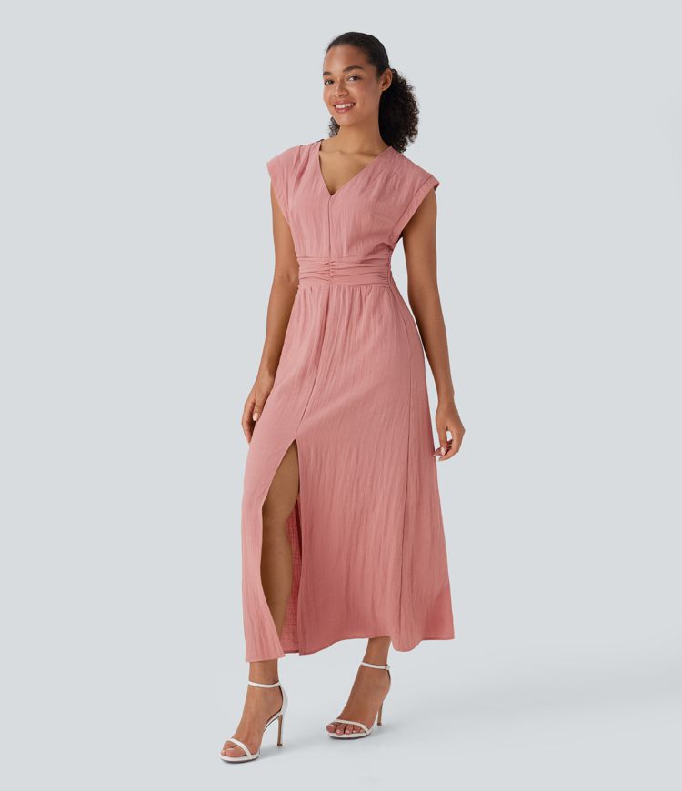 Deep V Neck Cap Sleeve Ruched Maxi Linen-Feel Dress with Pockets