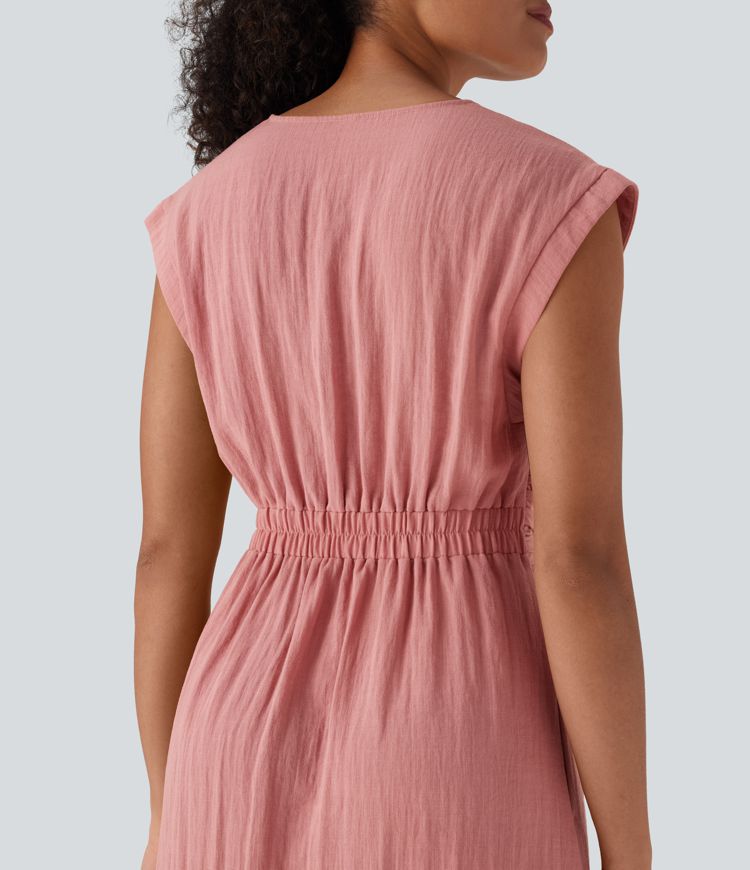 Deep V Neck Cap Sleeve Ruched Maxi Linen-Feel Dress with Pockets