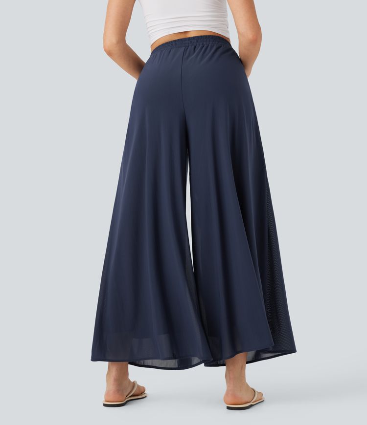 High Waisted Side Pocket Mesh Overlay Wide Leg Casual Pants