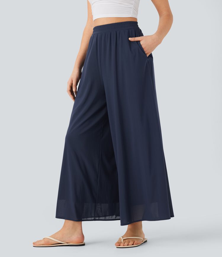 High Waisted Side Pocket Mesh Overlay Wide Leg Casual Pants