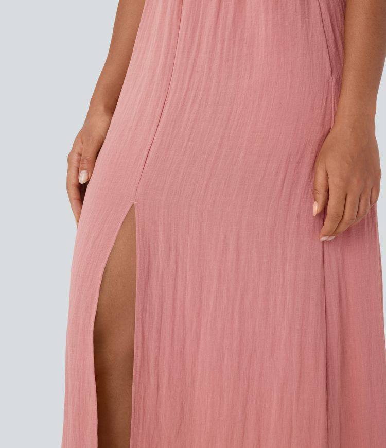 Deep V Neck Cap Sleeve Ruched Maxi Linen-Feel Dress with Pockets