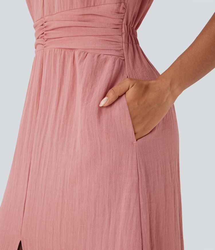 Deep V Neck Cap Sleeve Ruched Maxi Linen-Feel Dress with Pockets