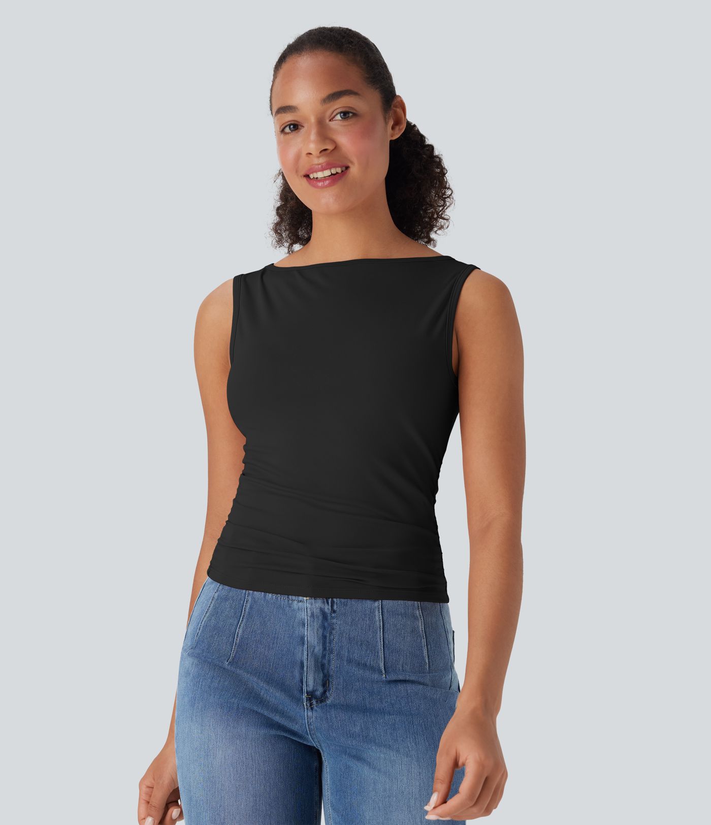 Boat Neck Sleeveless Ruched Casual Top