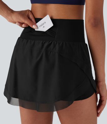 High Waisted Contrast Mesh Curved Hem 2-in-1 Mini Yoga Skirt with Pockets