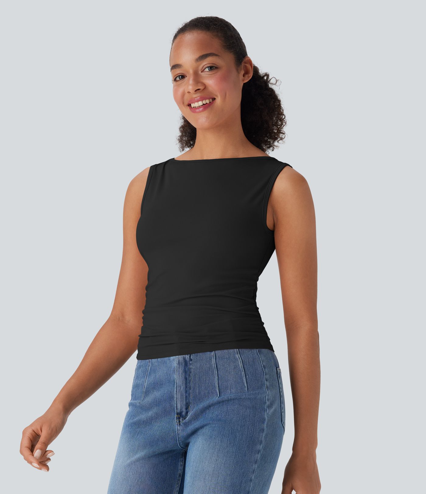 Boat Neck Sleeveless Ruched Casual Top