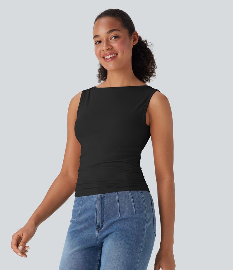 Boat Neck Sleeveless Ruched Casual Top
