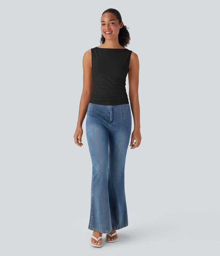 Boat Neck Sleeveless Ruched Casual Top