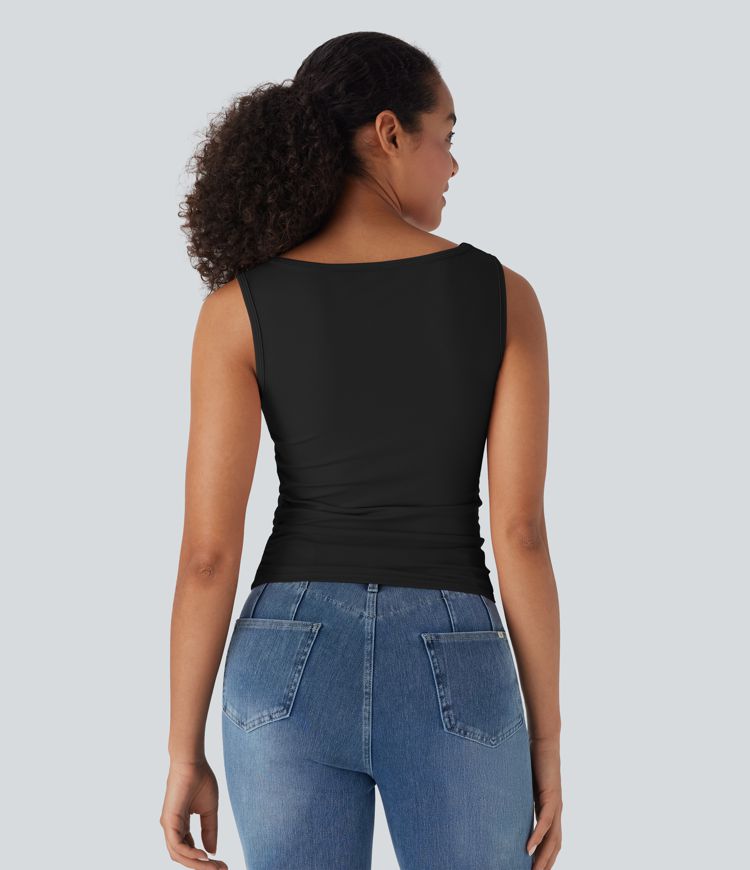 Boat Neck Sleeveless Ruched Casual Top