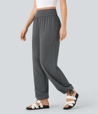 High Waisted Drawstring Hem Casual Joggers with Pockets