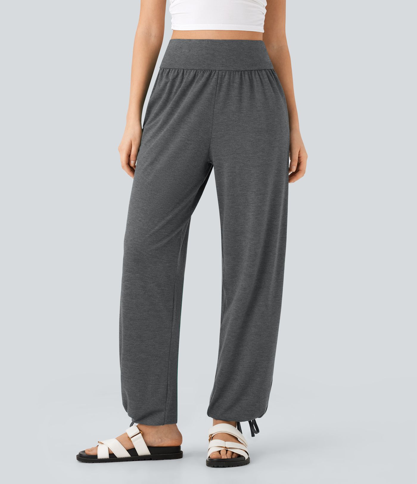 High Waisted Drawstring Hem Casual Joggers with Pockets