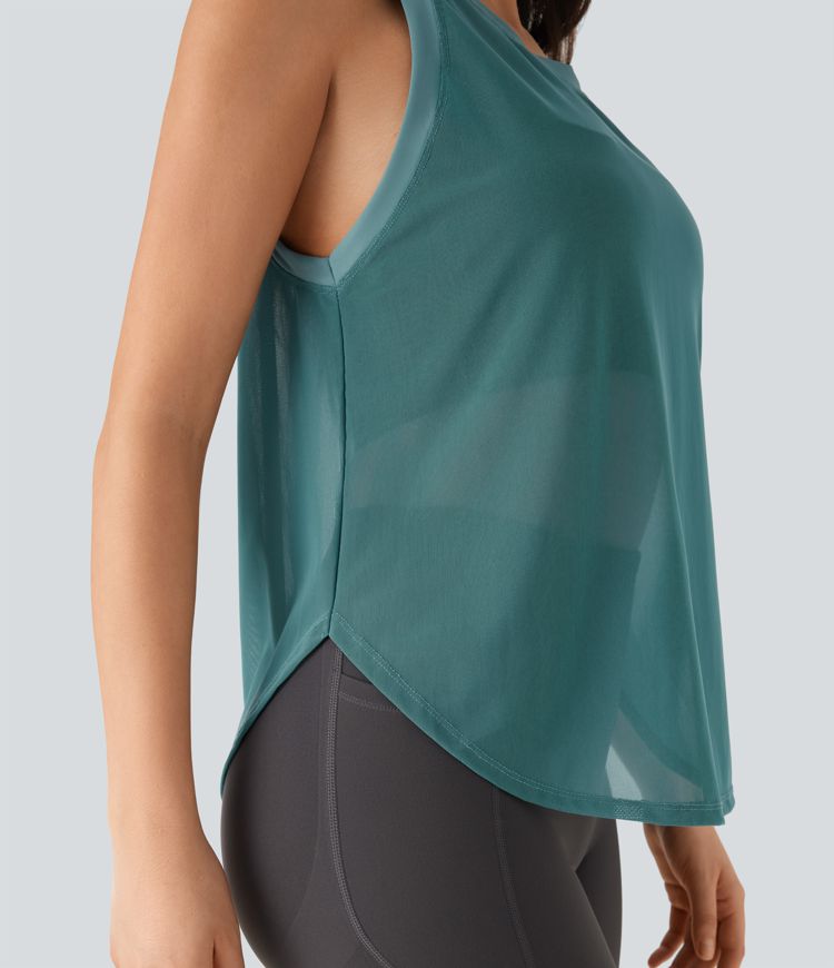 Sleeveless Curved Hem Sheer Yoga Sports Top