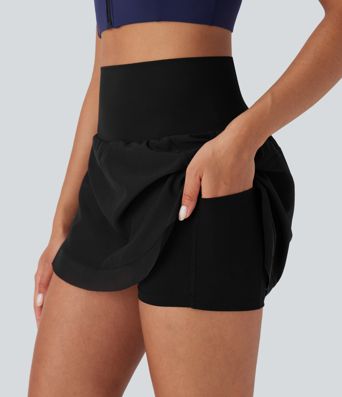 High Waisted Contrast Mesh Curved Hem 2-in-1 Mini Yoga Skirt with Pockets