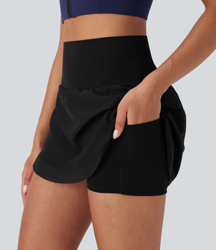High Waisted Contrast Mesh Curved Hem 2-in-1 Mini Yoga Skirt with Pockets