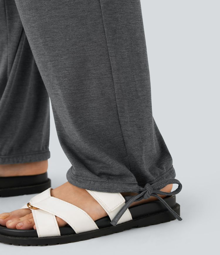 High Waisted Drawstring Hem Casual Joggers with Pockets