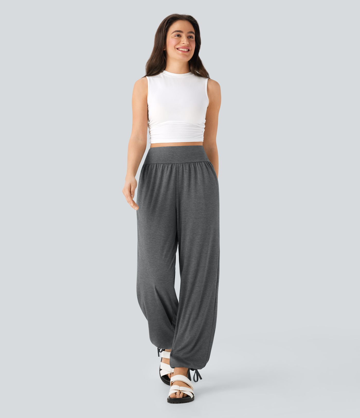 High Waisted Drawstring Hem Casual Joggers with Pockets