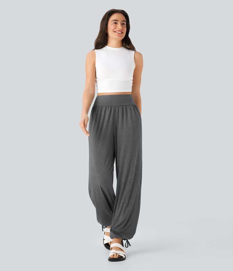 High Waisted Drawstring Hem Casual Joggers with Pockets