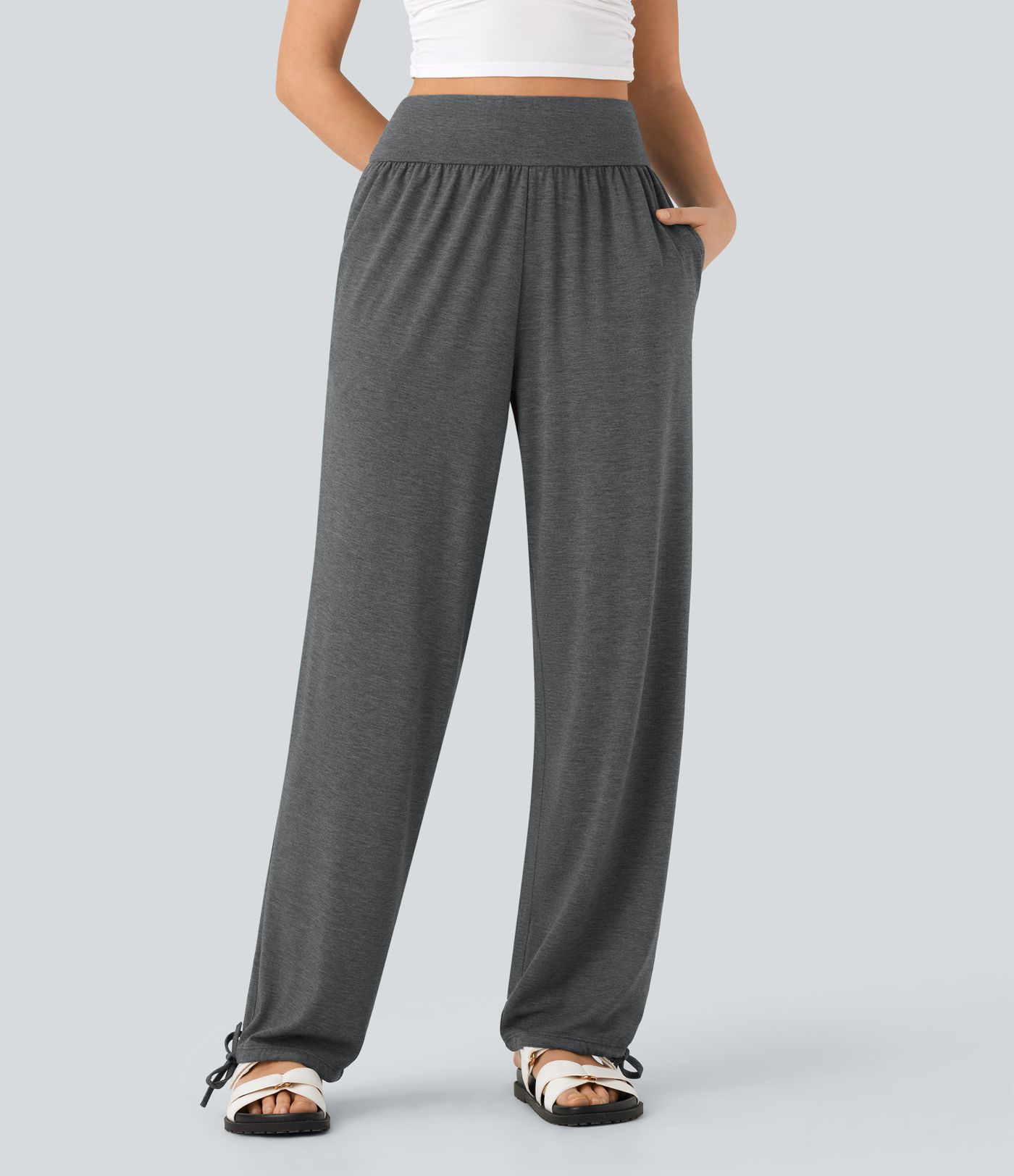 High Waisted Drawstring Hem Casual Joggers with Pockets
