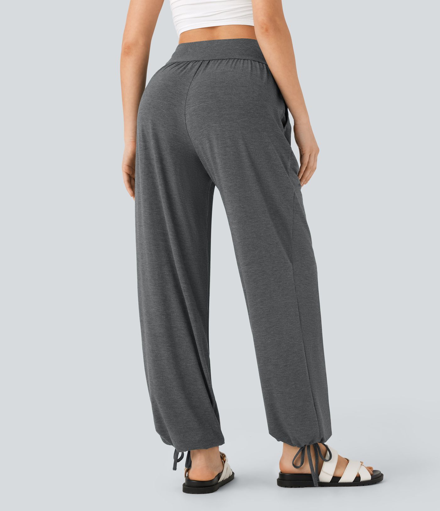 High Waisted Drawstring Hem Casual Joggers with Pockets