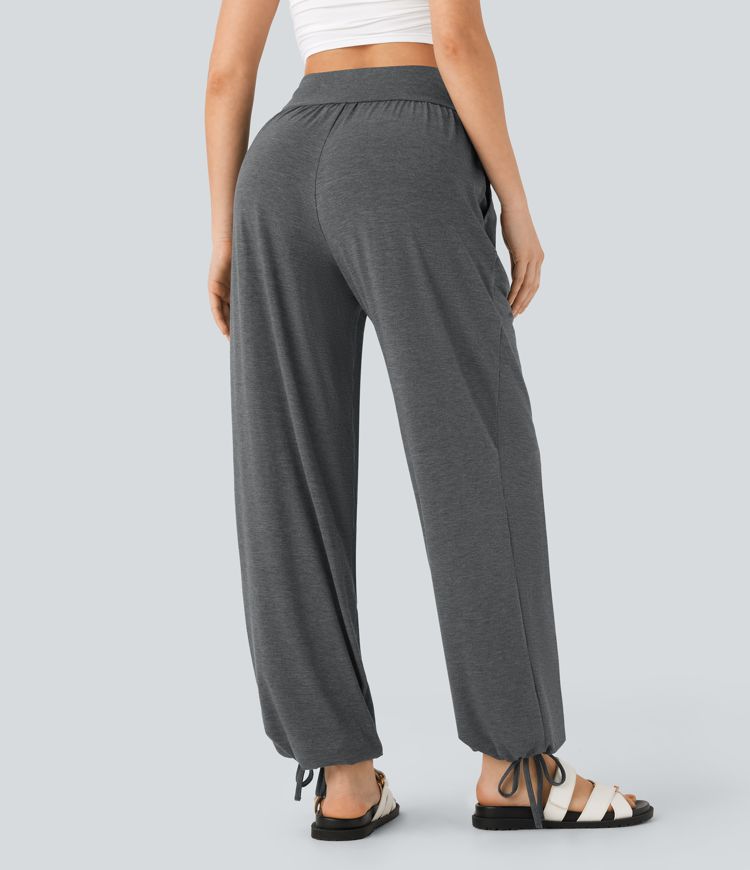 High Waisted Drawstring Hem Casual Joggers with Pockets
