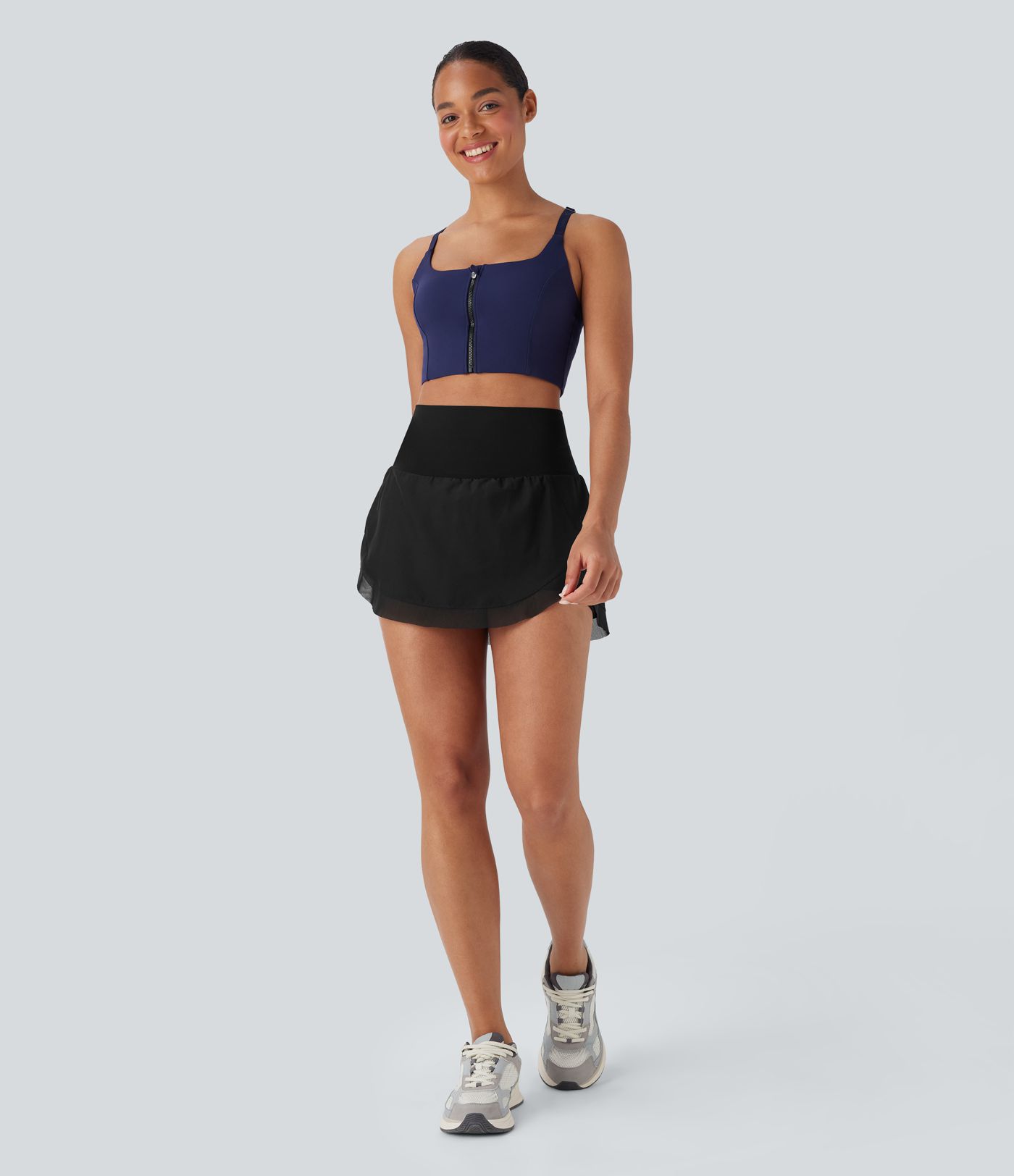 High Waisted Contrast Mesh Curved Hem 2-in-1 Mini Yoga Skirt with Pockets