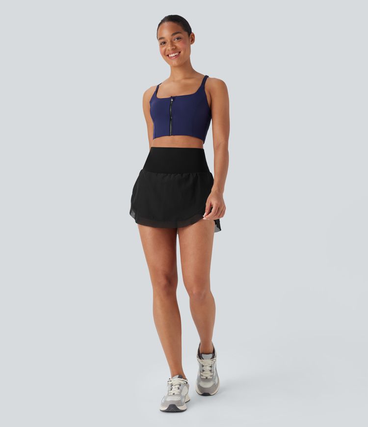 High Waisted Contrast Mesh Curved Hem 2-in-1 Mini Yoga Skirt with Pockets