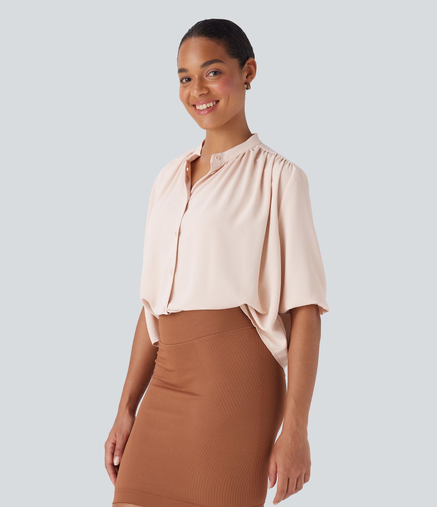 Round Neck Half Sleeve Curved Hem Linen-Feel Blouse